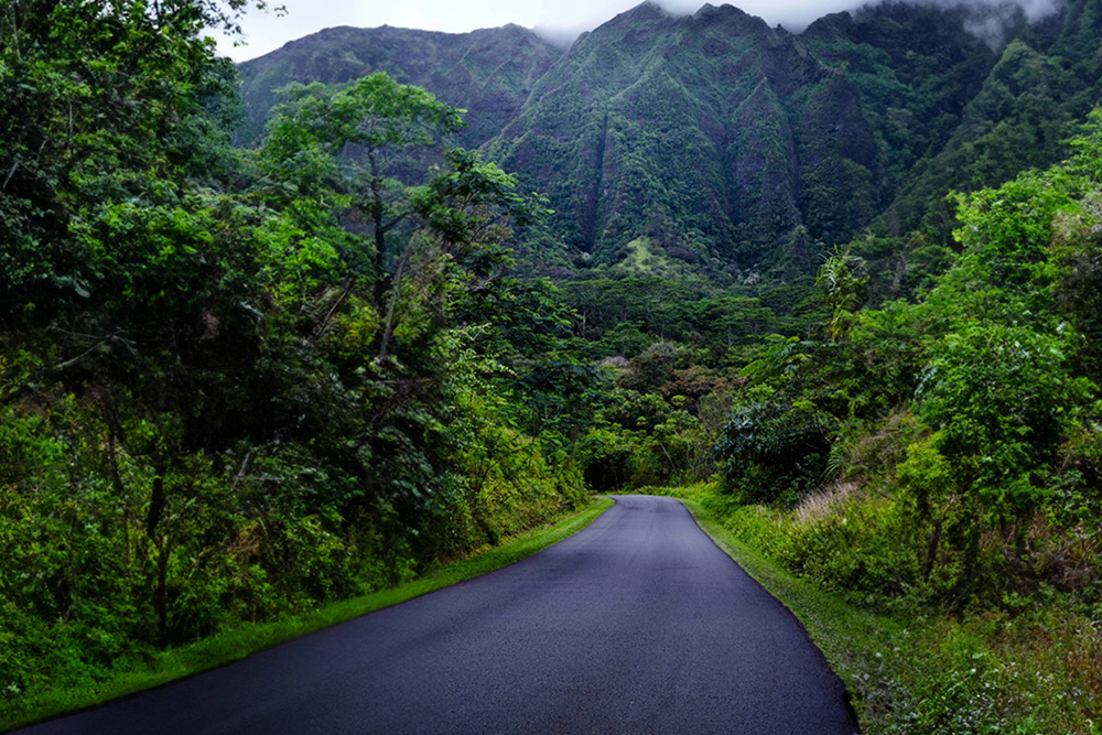 Road leading to mountains in Hawaii.